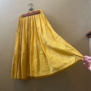 Lost + Wander: Yellow Boho Tiered Cotton Midi Skirt, Elastic Waist Zip Close—S